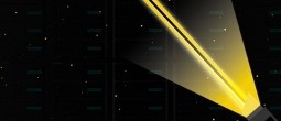 Lightsaber in front of data center server racks.